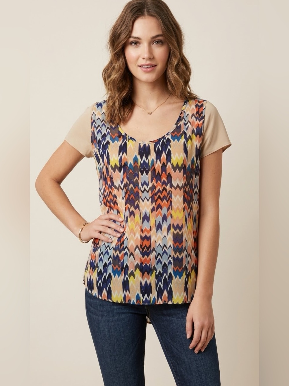 Maeve Multicolor Chevron Mosaic Scoop Neck Top with Silk size small